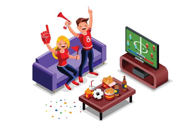 Football Fans Watching Football Friends, football fans watching football game on tv. Can use for web banner, infographics, hero images. Flat isometric character, sports vector illustration isolated on white background. men watching soccer game stock illustrations