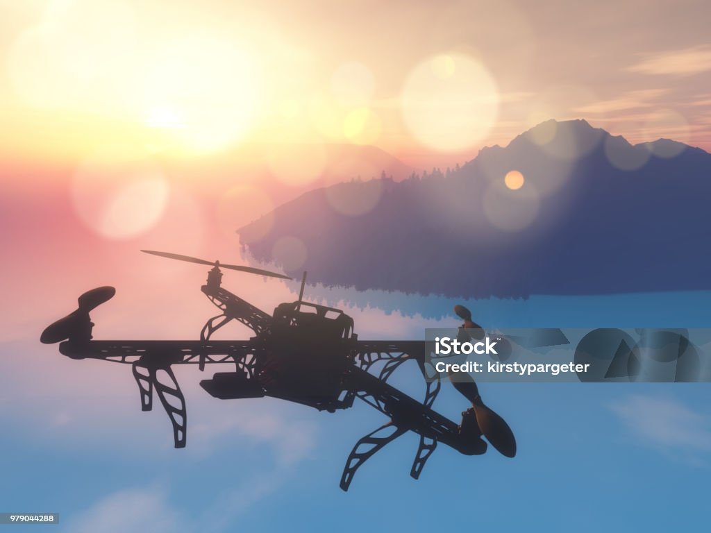 3D Drohne fliegen über das Meer mit einem Sonnenuntergang Himmel - Lizenzfrei Drohne Stock-Foto