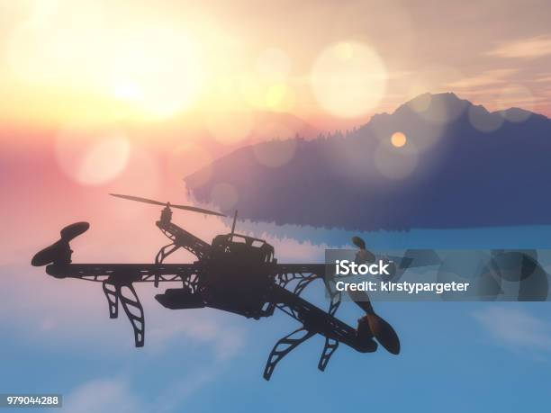 3d Drohne Fliegen Über Das Meer Mit Einem Sonnenuntergang Himmel Stockfoto und mehr Bilder von Drohne