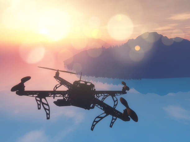 istock 3D drone flying over the ocean with a sunset sky 979044288