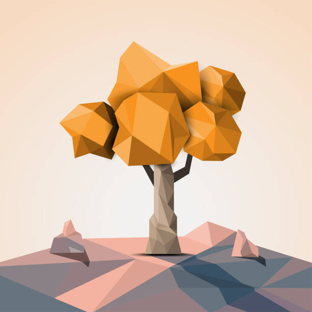 3D orange polygonal tree in the mountains with heat,