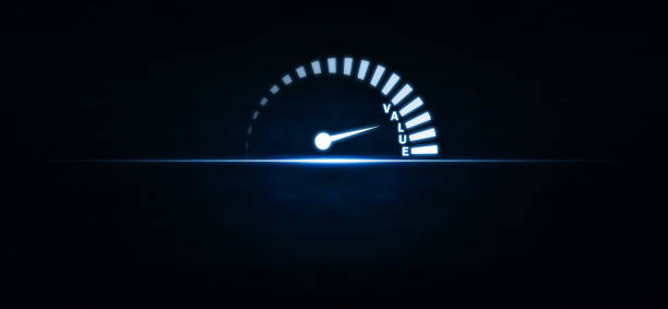 istock Speedometer with value word on blue light. Business concept 979048320