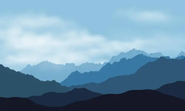 Vector illustration of Vector illustration of mountain landscape silhouettes with mist and clouds, under blue sky - with space for your text