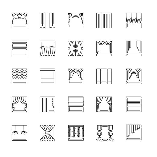 Vector line icons with drapes. Window curtains, blinds and shades. Vector line icons with drapes. Window covering. Different styles of draperies, curtains and blinds. Roman, roller, pleated, threads. Elements for interior decoration. Blinds stock illustrations