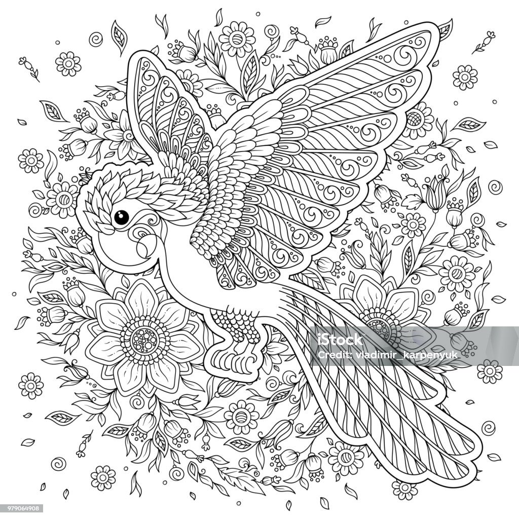 Vector fantasy stylized cockatoo jungle parrot silhouette. Parrot. Tropical bird. Vector illustration. Coloring book for adult and older children. Coloring page. Outline drawing. Coloring stock vector