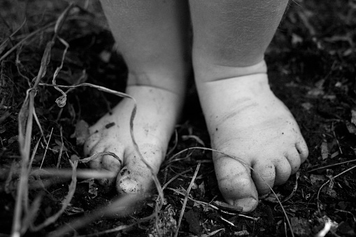 Child’s bare feet in a garden bed