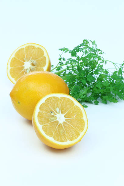 citron de meyer et de fines herbes (cerfeuil) - chervil healthy eating healthy lifestyle studio shot photos et images de collection