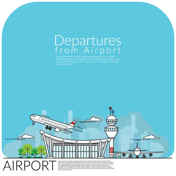 Vector illustration of simple vector illustration of airplane take off for departures from airport terminal and airplane parking at airfield. travel concept, flat design EPS10 vector illustration.