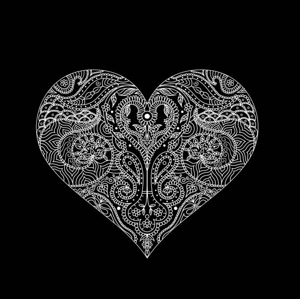 ilustrações de stock, clip art, desenhos animados e ícones de vector indian henna design for t-shirt or web.white lines on the black background.heart outline mehndi design, indian henna tattoo. hand-drawn heart henna (mehndi) paisley doodle vector illustration - hinduism henna tattoo tattoo human hand