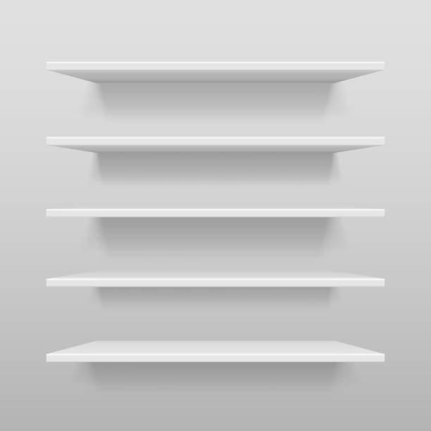 istock Empty white shop or exhibition shelf, retail white shelves mockup. Realistic vector bookshelf with shadow on wall, 3d Bookshelf store or shop vector illustration 979087284