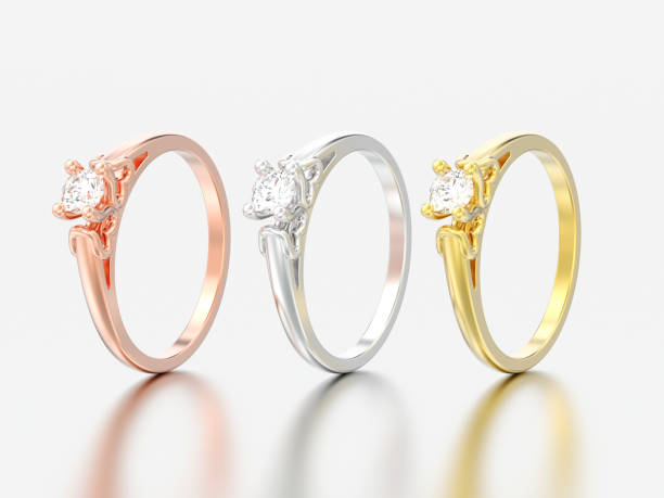 istock 3D illustration three yellow rose and white gold or silver solitaire wedding diamond rings with heart prongs 979092530