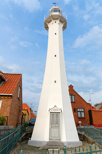 Ronne, capital of Bornholm island, part of the Kingdom of Denmark. Lighthouse rising above the houses.