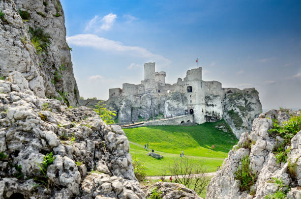 Ruins of medieval royal castle Ogrodzieniec in Podzamcze village, Poland. Ruins of medieval royal castle Ogrodzieniec in Podzamcze village, part of Trail of the Eagle's Nests, Polish Jurassic Highland. Poland, Silesia province. bailey castle stock pictures, royalty-free photos & images