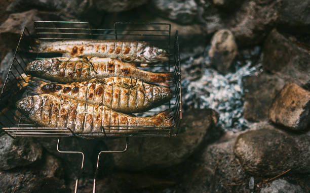 istock Fresh cooked trouts are in grilled grid 979099800