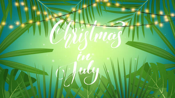 illustrazioni stock, clip art, cartoni animati e icone di tendenza di natale a luglio. sfondo tropicale con foglie di palma esotiche, luci natalizie e scritte. striscione di natale estivo - christmas palm tree island christmas lights