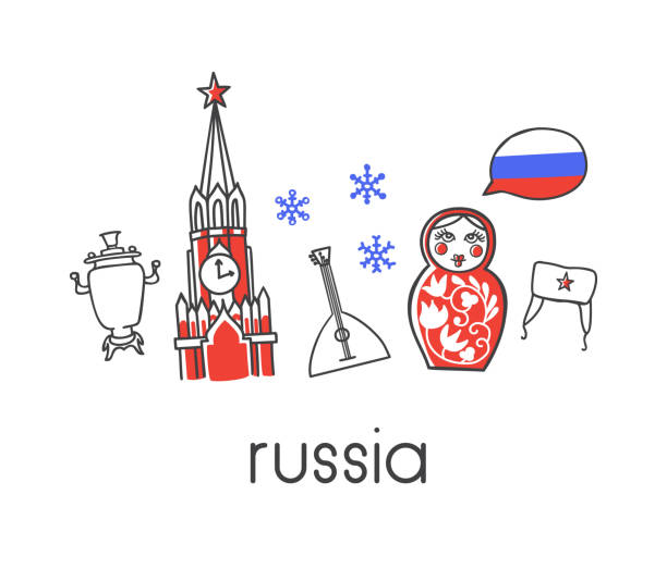 Print Vector illustration Russia with hand drawn doodle russian symbols: Kremlin tower, doll, guitar, hat with red star, tea pot, snow and a national flag of Russia. Simple modern horizontal design russian nesting doll russia doll moscow russia stock illustrations