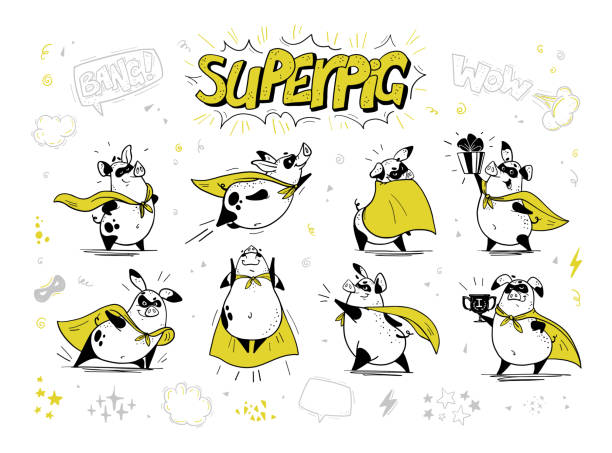 Vector collection of pig super hero hand drawn characters isolated on white background. Vector collection of pig super hero hand drawn characters isolated on white background. Comic style. Outline drawing. Perfect for banners, cards, prints, package design, children's room interior decor superhero drawings stock illustrations