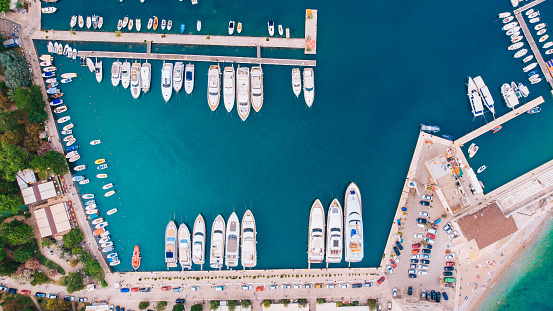 aerial view of the pier with moored yachts on the Adriatic coast
