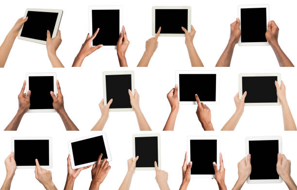 istock Collage of multiethnic hands holding tablet, isolated on white 979122850