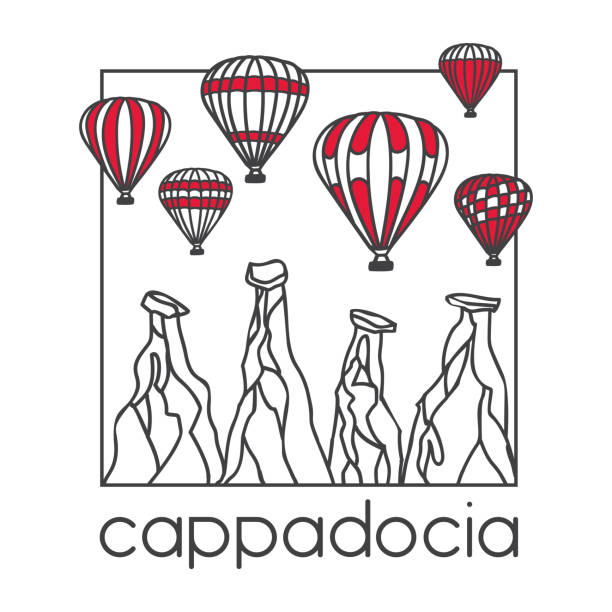 Print Modern illustration of a famous turkish travel destination Cappadocia and its symbol bright air balloons. Hand drawn doodle objects in clear design style: black outline and red color blocks on white. cappadocia balloon stock illustrations