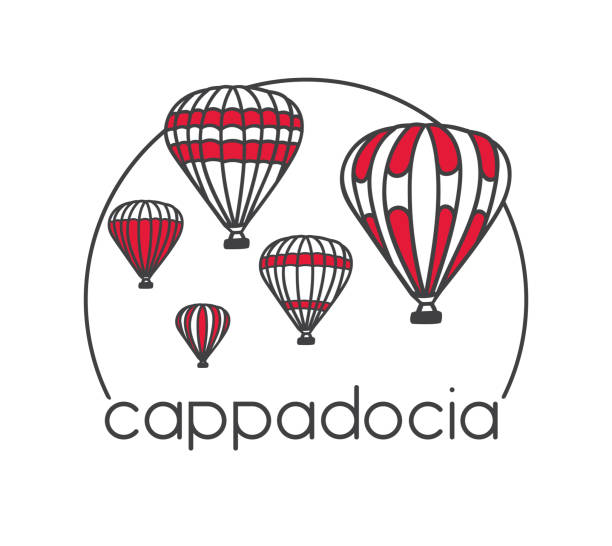 Print Modern illustration of a famous turkish travel destination Cappadocia and its symbol bright air balloons. Hand drawn doodle objects in clear design style: black outline and red color blocks on white. cappadocia balloon stock illustrations