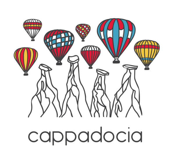 Print Modern illustration of a famous turkish travel destination Cappadocia. Bright striped air balloons and chimney rocks. Hand drawn colored doodle objects isolated on white cappadocia balloon stock illustrations