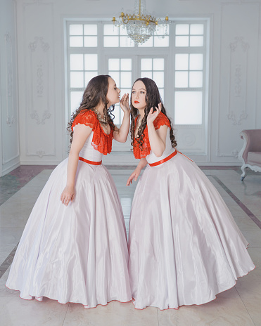 Dos Hermosa Mujer Medievales Vestidos Con Crinolina Murmullo En La Sala De Foto de stock y más banco de imágenes de Miriñaque - iStock Dos Hermosa Mujer Medievales Vestidos Con Crinolina Murmullo En La Sala De Foto de stock y más banco de imágenes de Miriñaque - iStock