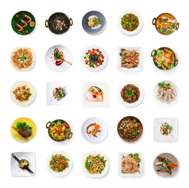 Collage of restaurant dishes isolated on white Set of various restaurant meals isolated on white background. Collage of different main courses and salads, meat and fish dishes with garnish, cutout, business lunch concept cold cuts meat photos stock pictures, royalty-free photos & images