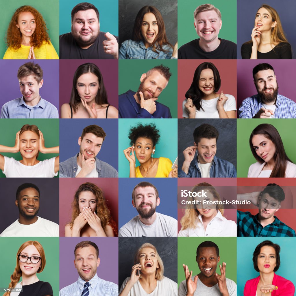 Diverse young people positive and negative emotions set Different emotions collage. Set of male and female emotional portraits. Young diverse people grimacing and gesturing on camera at colorful studio backgrounds People Stock Photo