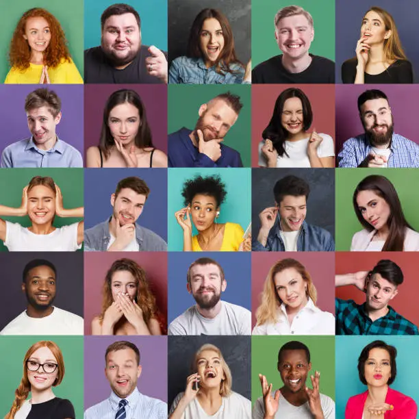 Different emotions collage. Set of male and female emotional portraits. Young diverse people grimacing and gesturing on camera at colorful studio backgrounds