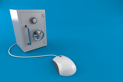Safe with computer mouse isolated on blue background. 3d illustration