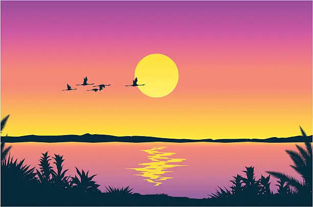 Vector illustration of A vector illustration of a beautiful landscape at sunset