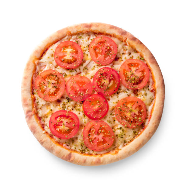 チーズとトマトで白い背景で隔離のピザ。ピザ マルガリータ平面図 - foods and drinks isolated on white basil cooked ストックフォトと画像