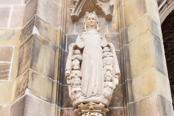 church stone art figures and columns on ancient facade in south german historical city