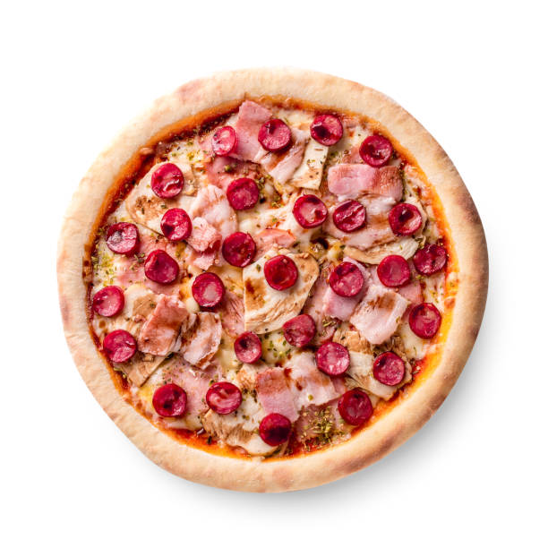 ham and sausage pizza on white background. copy space. recipe and menu. top view - close to food and drink yummy food imagens e fotografias de stock