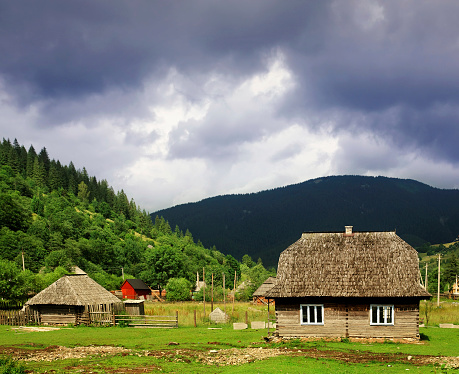 Restored medieval houses. Historical Park near Neofit Rilski village in Bulgaria, Europe.