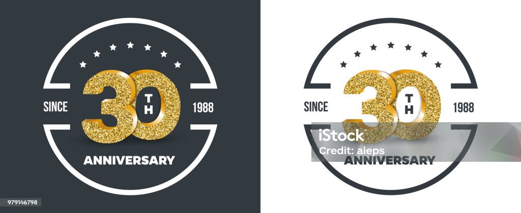 30th Anniversary gold colored logo on dark and white background. 30 - year jubilee banner. Vector illustration. Anniversary stock vector