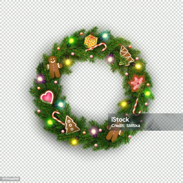 リアルなクリスマス ツリーの枝電球ギフトクッキーお菓子のクリスマス リース - クリスマスのベクターアート素材や画像を多数ご用意 - クリスマス, 飾り リース, クリスマスツリー