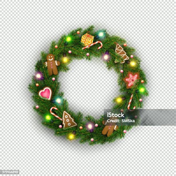 Christmas Wreath Of Realistic Christmas Tree Branches Lightbulb Gift Cookies Sweets Stock Illustration - Download Image Now