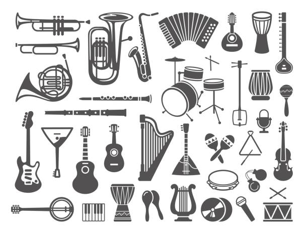 ilustraciones, imágenes clip art, dibujos animados e iconos de stock de colección de instrumentos musicales iconos - wind instrument