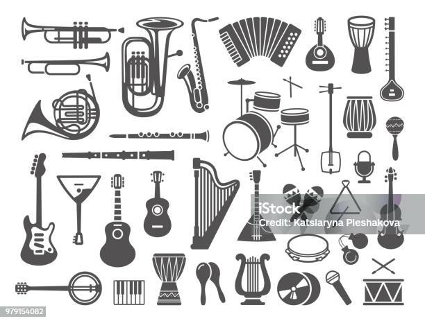 Verzameling Van Muziekinstrumenten Icons Stockvectorkunst en meer beelden van Muziekinstrument - Muziekinstrument, Pictogram, Illustratie