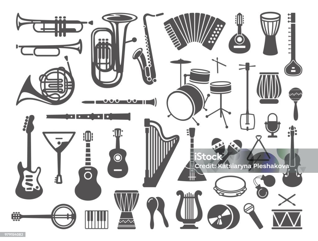 Collection of musical instruments icons Musical instruments icon set over white background Musical Instrument stock vector