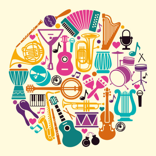 ilustraciones, imágenes clip art, dibujos animados e iconos de stock de colección de instrumentos musicales iconos en forma de un círculo - acordeón instrumento