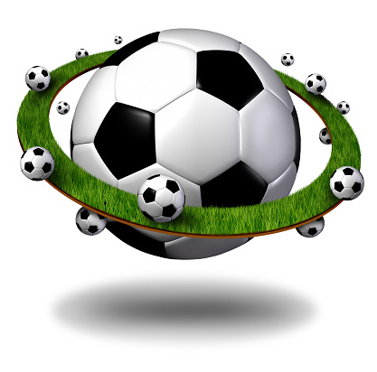 Global soccer symbol and international football concept as a planet shaped ball with grass field ring with balls as a world sport competition as a 3D illustration.