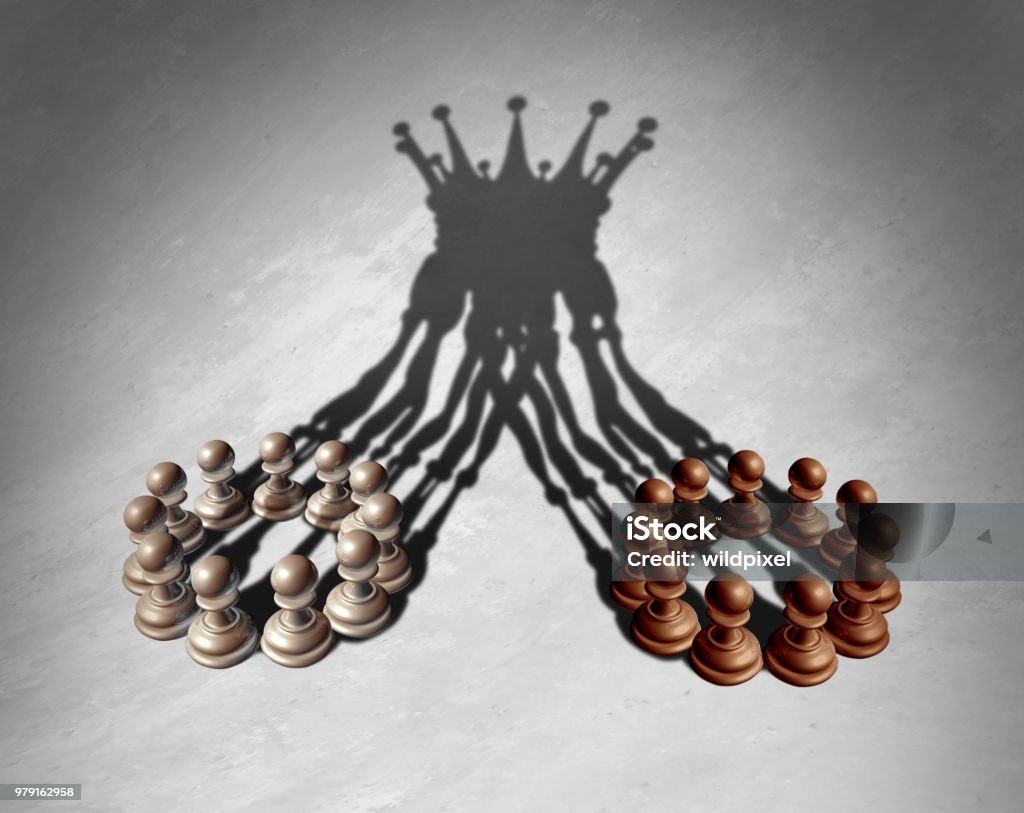 Business Group Leadership Concept Business group leadership concept as a merger and acquisition and corporate teamwork combining strengths as chess pawns forming a king crown cast shadow as a 3D illustration. Mergers and Acquisitions Stock Photo