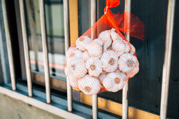 창 앞에 매달려 마늘의 무리 - garlic hanging string vegetable 뉴스 사진 이미지