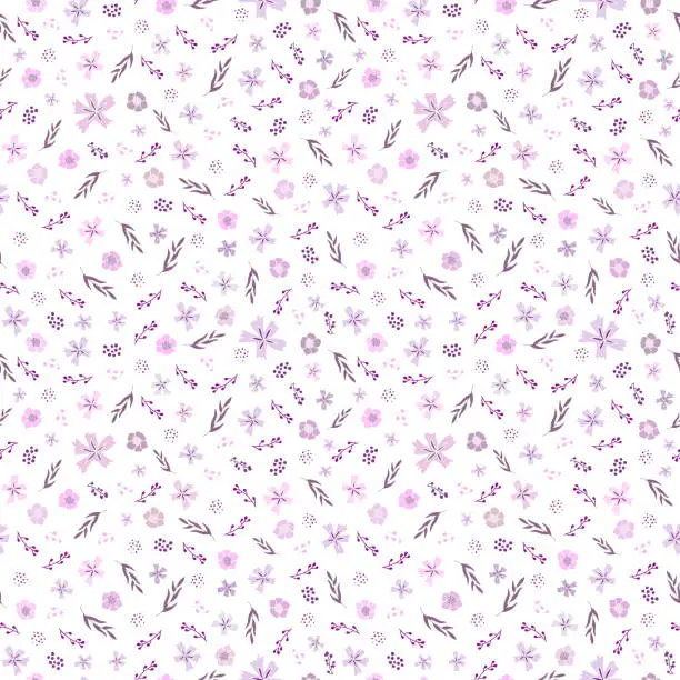 Vector illustration of All over ditsy floral pattern in palette of purple, pink and lavender. Seamless non directional vector print.