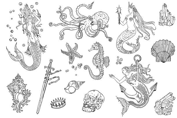 винтажный фэнтезийный морской набор: длинноволосая русалка, подводные сокровища, осьминог, ракуха, морская звезда, якорь, утопленный меч, к� - русалка stock illustrations