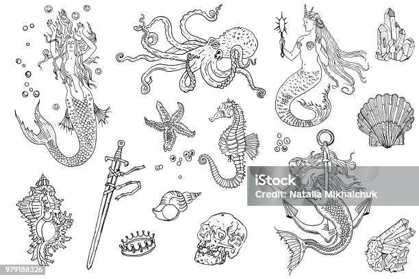 Vintage Fantasy Nautical Set Long Haired Mermaid Underwater Treasures Octopus Shell Starfish Anchor Drowned Sword Crown Skull Crystal Sea Horse Hand Drawn Tattoo Style Vector Illustration Stock Illustration - Download Image Now