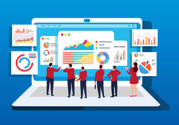 기업 연구 데이터는 컴퓨터 앞의 그룹 - analyzing stock illustrations